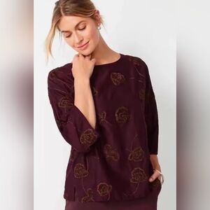 J. Jill Women's Medium Pure Jill Valley Embroidered Purple Brown Boho Blouse NWT
